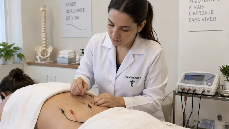 Fisioterapeuta aplicando agulhamento nas costas de uma paciente durante sessão de eletroacupuntura